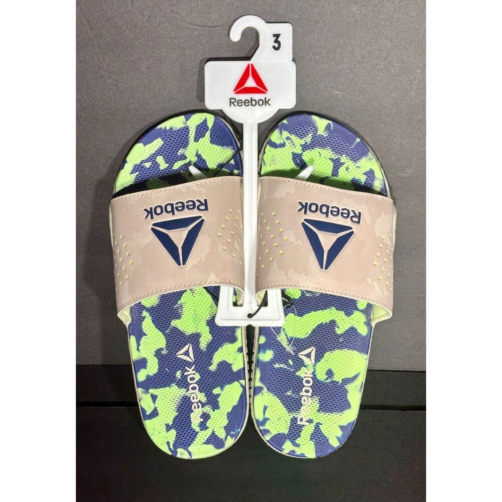 Reebok Pervade Slides Kids Size 3 Blue Green Camo Comfort Sandals NWT
